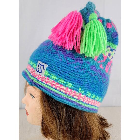 Vintage Murray Markley Wool Knit Ski Hat Neon Tassel Beanie Canada 80s 90s - Picture 2 of 9